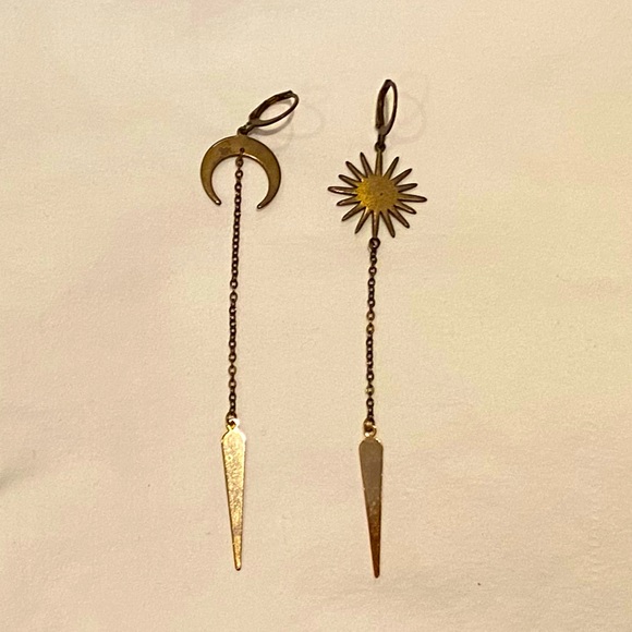 Gold Sun and Moon Dangle Earrings - Picture 1 of 2